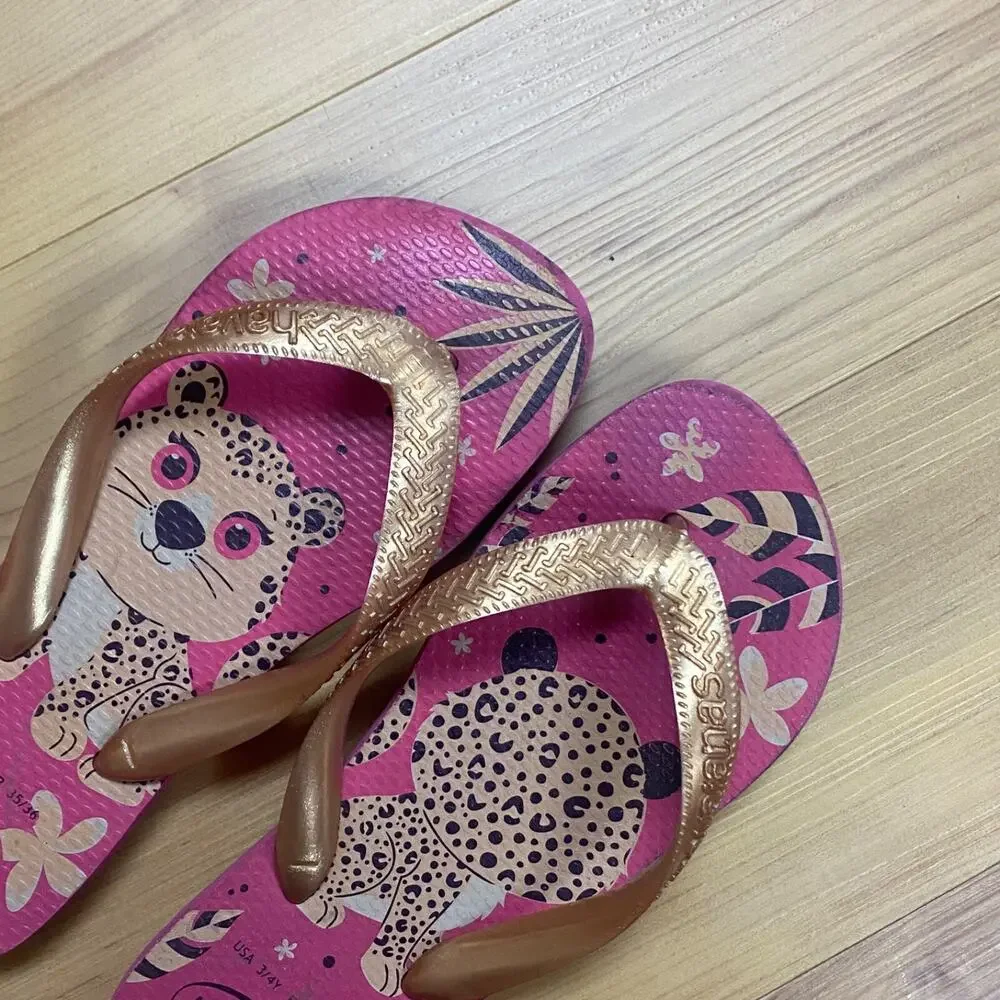 Havaianas Girl's Kids Sz 3/4Y Top Pets Cheetah Slippers Flip Flops Beach Pool